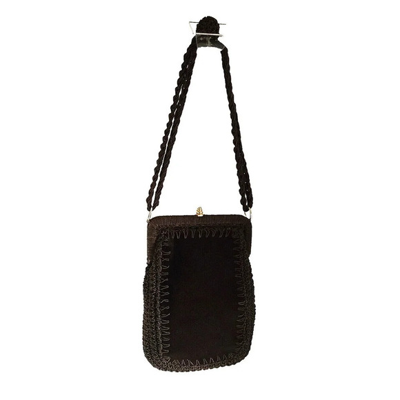 VINTAGE BAG Made in Italy BROWN VELVET & Brown Crochet Evening BAG PURSE - Picture 1 of 9